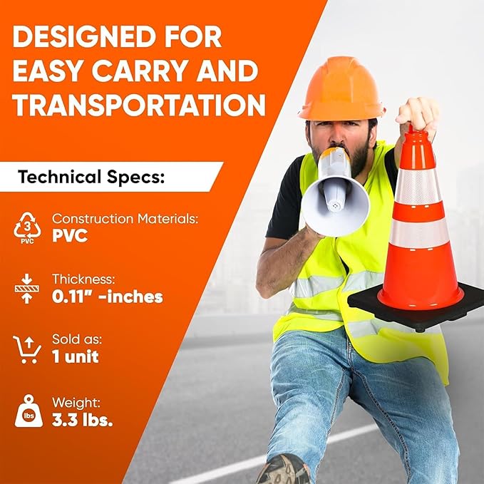 Pyle 18" Traffic Cones 12-Pack, High-Visibility Orange Safety Cones for Parking, Roadwork, Construction and Sports Training, Stackable Design with Heavy-Duty PVC Base, Weather-Resistant