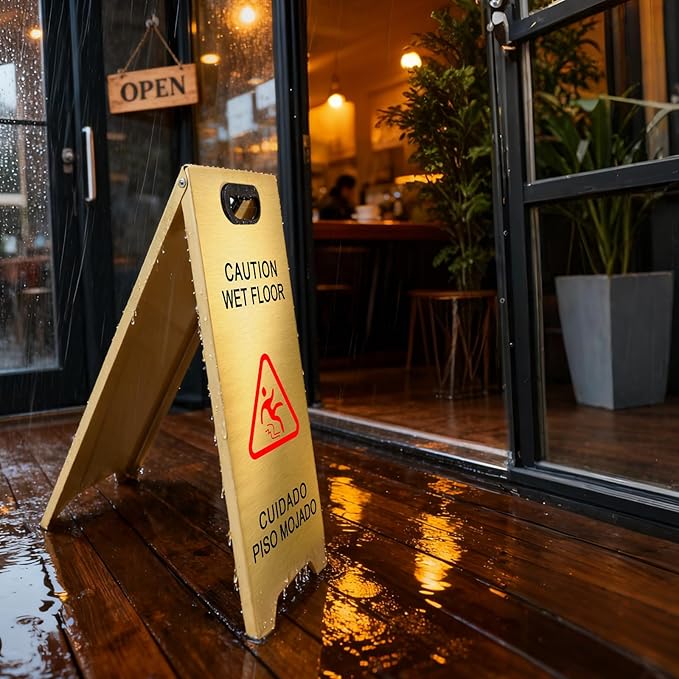 2 Pack Stainless Steel Wet Floor Sign, 24 Inch Caution Wet Floor Sign Portable Foldable Bilingual Safety Warning for Hotel Market Restroom Restaurant Office (Gold)