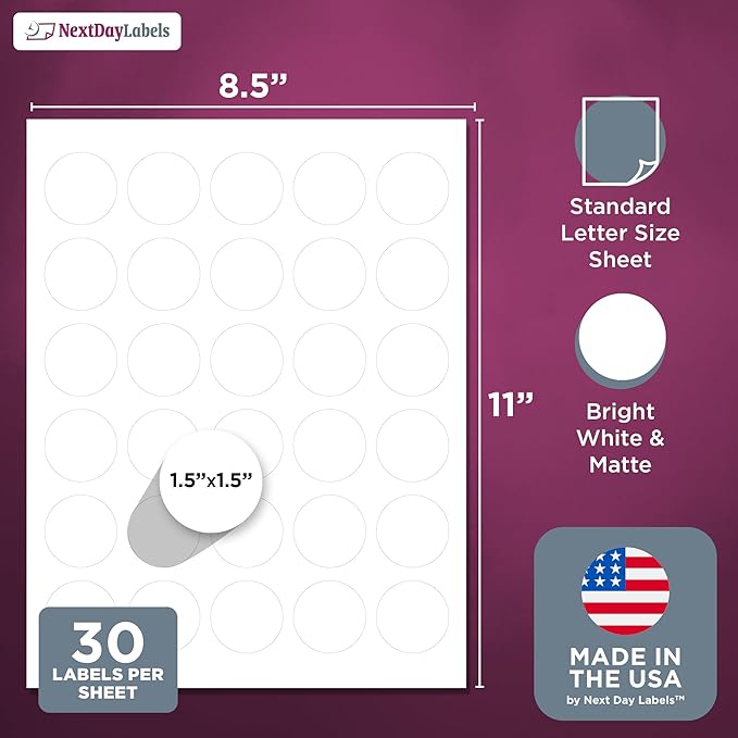 NextDayLabels 1.5 Inch Round Matte White Blank Labels - Circle Stickers for Laser/Inkjet Printers (3000 Labels, 100 Sheets of 30)