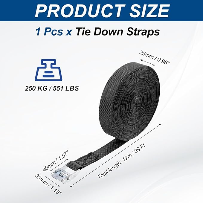 PATIKIL Lashing Straps 1" x 39 Ft, Tie Down Strap Cam Buckle Adjustable Ratchet Straps 551 lbs for Cargo Trucks Motorcycle Luggage, Black