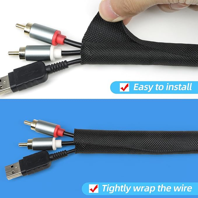 Automotive Wire Loom Tubing, Split Braided Cord Protectors from Pets No Chew, Flexible Cable Sleeve Cable Management for TV/Computer/Electric Wires (Black, 1/2"-10ft)