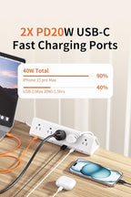 6.5 FT Desk Clamp Power Strip with 5 AC Outlets & 6 USB Ports PD 40W USB-C Fast Charging, 1250J Surge Protector, Fits 2.6 in top Edge White