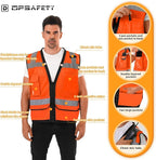 Reflective Safety Vest With Back Pocket, High Visibility Class 2 Heavy Duty Surveyor Vest with Zipper, ANSI/ISEA Standard, Construction Work Vest for Men & Women (Orange, 4XL)