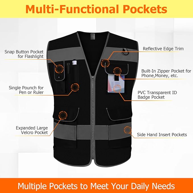 TCCFCCT Mesh Black Safety Vest for Men Women 9 Pockets High Visibility Reflective Vest for Safety, Work Vest with Reflective Strips, Meets ANSI/ISEA Standards, Large