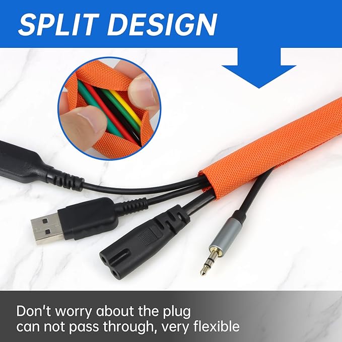 Split Braided Cable Sleeve，Flexible Wire Loom Tubing, Automotive Cord Protector Pet Proof, Cable Management for Computer TV Electric Wires Harness 16ft (Orange, 13mm（1/2")