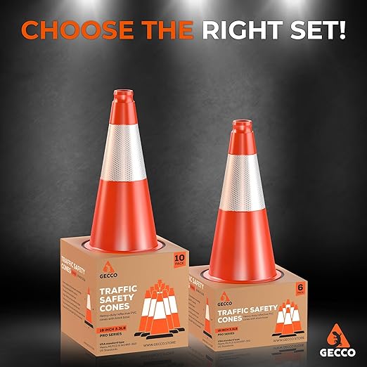 GECCO ™ (6 Pack) 18 Inch 3.3 Lb Small Orange Traffic Cones Set | Safety Cones, Orange Cones, Parking Cones, Construction Cones, Road Cones | PVC Plastic & Black Base - [PRO Series]