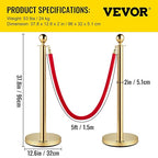 VEVOR Stanchions and Velvet Ropes 4Pcs, Solid Base with Stainless Steel Post, 5ft Red Velvet Ropes and Posts, Crowd Control Barriers Gold Stanchions, Red Carpet Runner Poles for Party Supplies