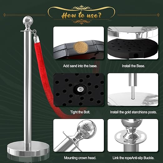 8Pcs Sliver Stanchion Post Queue Velvet Ropes and Posts with Soild Base and 4pcs 5 Ft Red Velvet Ropes Carpet Ropes Posts Stanchion Set Crowd Control Barriers for Party Supplies