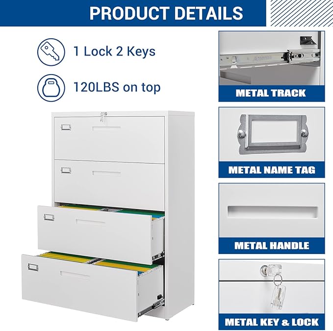 Lateral File Cabinet with Lock, 4 Drawer Large Metal Filing Cabinet,Home Office Lockable Storage Cabinet for Hanging Files Letter/Legal/F4/A4 Size-Assembly Required
