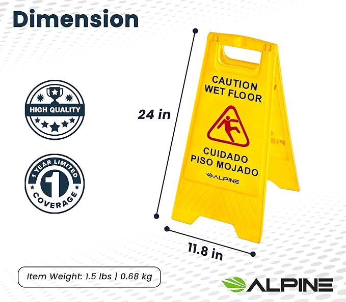 Alpine Wet Floor Signs 3 Pack - 24 Inch Caution Wet Floor Sign, High Visibility Yellow Slippery When Wet Sign - Bilingual Safety Warning Sign to Easily Avoid Slippery Accidents in High Traffic Areas
