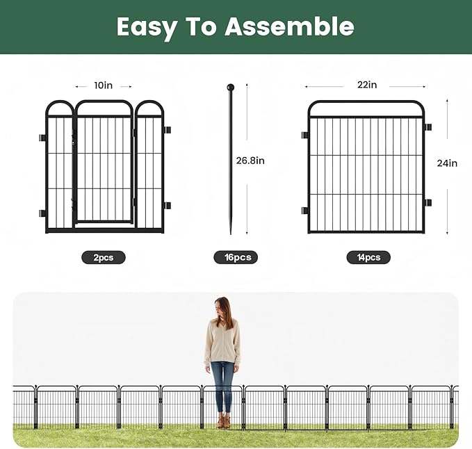 24 in(H) Decorative Garden Fence Outdoor for Yard with Gates,Heavy Duty Iron 16 Panels Total 29.4ft(L) Anti Dig Fence with Gravity Automatic Lock for Indoor/Outdoor Decorative Dog Fence,Black