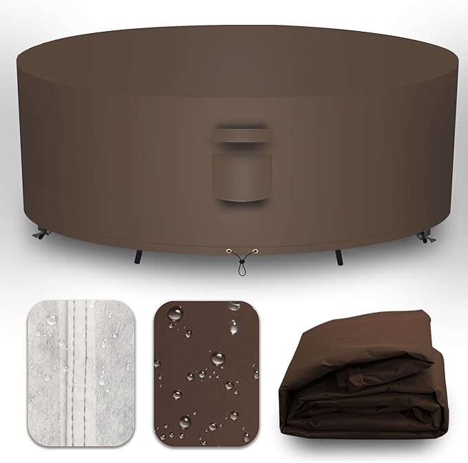 Heavy Duty Patio Furniture Covers Waterproof, 600D Round Outdoor Furniture Cover Waterproof for Sectional Sofa Couch, Outdoor Dining Table and Chair Set Covers 62"DIA x 28"H, Brown