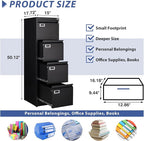 4 Drawer File Cabinet, Filing Cabinets for Home Office, Metal Vertical File Storage Cabinet with Lock, Locking File Cabinet for A4 Legal/Letter, 15" W x 17.7" D x 50.1" H, Assembly Required