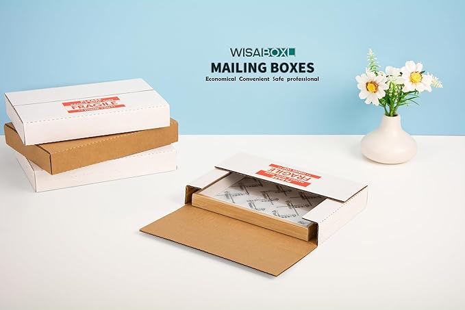9x6x1.3 inch Shipping Boxes, Easy-Fold Multi-Depth DVD Mailer Box with Fragile Stickers for Mailing, Storing, Package, Gifts, Crafts, Business or Home, White, 25 Pack