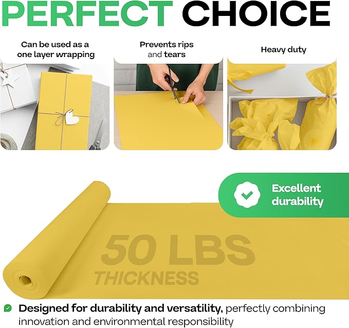 Yellow Kraft Paper Roll 24" x 1200" (100 feet) with Cutter - USA-Made Gift Wrapping Paper for Packing, Moving, Shipping & Crafts/Arts - 100% Recyclable Natural Craft Material by IDL Packaging