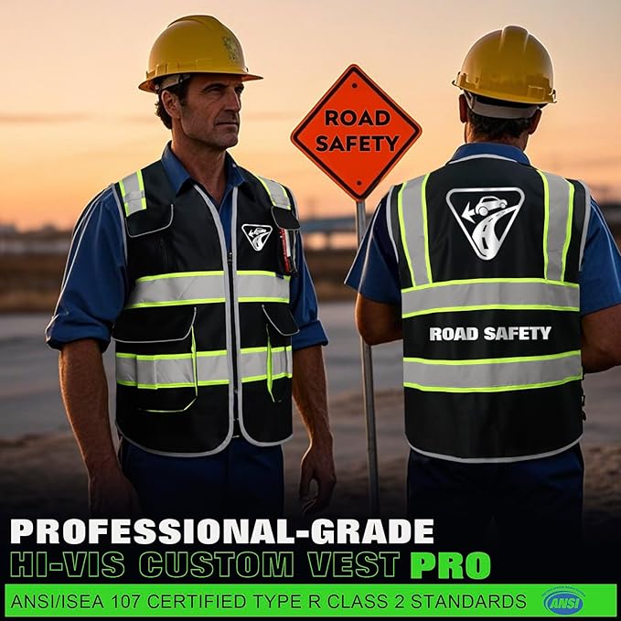 BeautyWill ANSI Certified Custom Logo Safety Vest 8-Pockets Class2 High Visibility Reflective Vest for Men - Personalized Logo Heavy-Duty Work Vest（Black，XL）