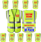 10 Pack Safety Vest Custom Logo Class2 High Visibility Reflective Vest with 5 Pockets Construction Security Work Vest ANSI/ISEA Standards（Yellow，3XL ）