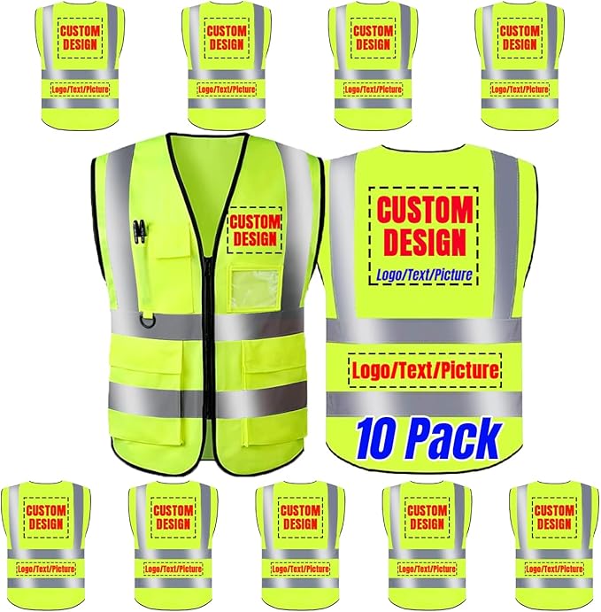 10 Pack Safety Vest Custom Logo Class2 High Visibility Reflective Vest with 5 Pockets Construction Security Work Vest ANSI/ISEA Standards（Yellow，3XL ）