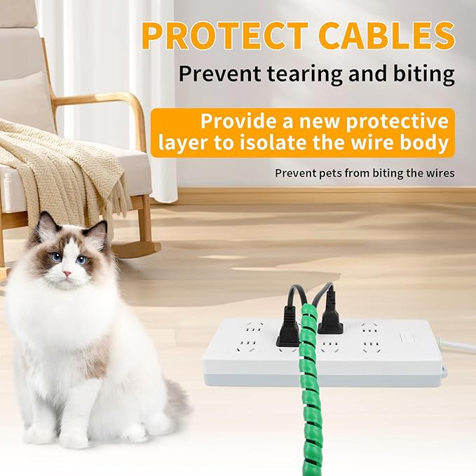 Spiral Cable Wrap, 16.4ft, 33ft Wire Protection Sleeve Cover Cable Organizer Pipe Flexible Spiral Wrap Winding Tube Prevent Cat from Chewing Cables (Green, 8mm (5/16")-33ft)