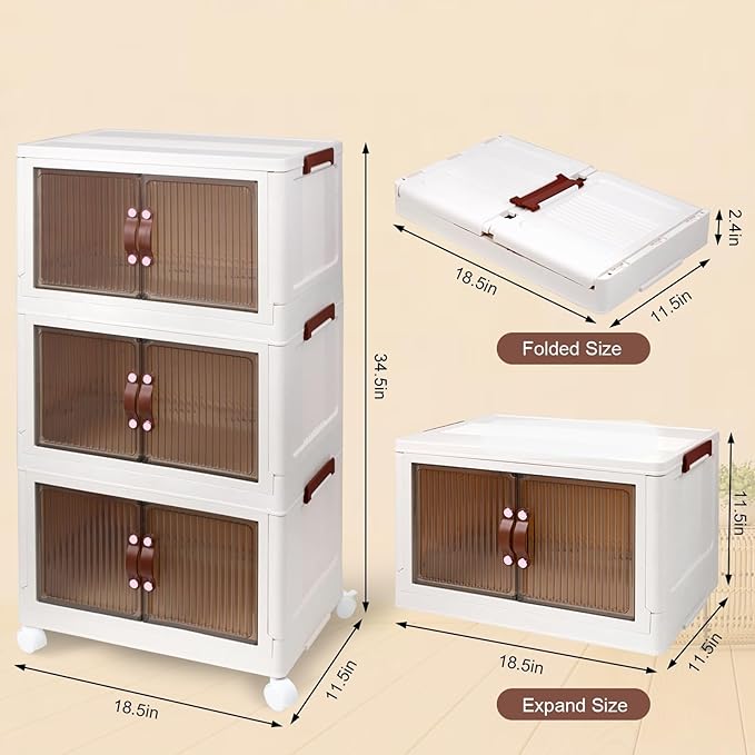 4 Tier Plastic Stackable Storage Bins and Boxes Organizer, Foldable Containers, Stackable Closet Organizers, Collapsible Boxes, White (3 Tier, 23.6″)