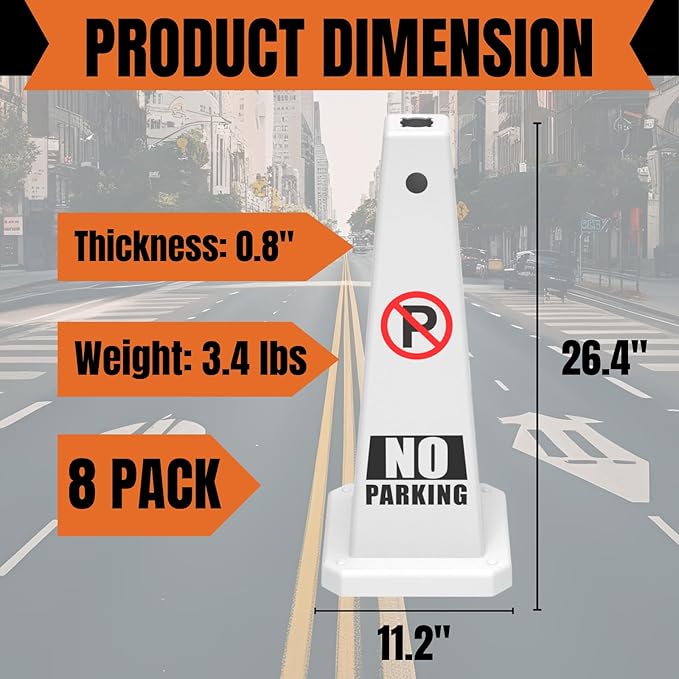 No Parking Sign, 26.4-Inch Traffic Safety Cone, White Plastic, High-Visibility, Weatherproof, Slip-Resistant Base, Stackable, Indoor Outdoor Use-8Pack