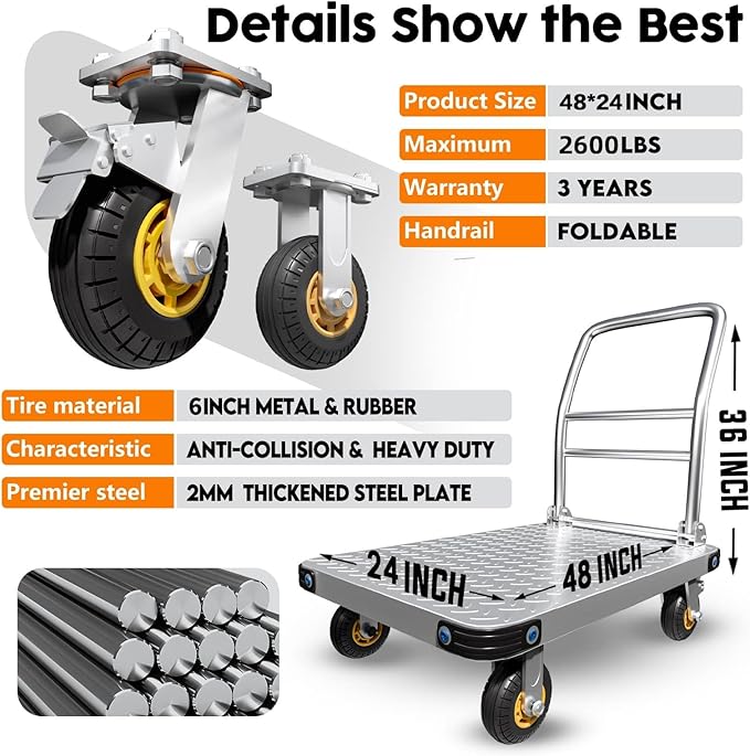 Heavy Duty Platform Truck Flat Moving Cart Hand Trucks, 2600Lbs Steel Push Cart Dolly, 48 x 24in Large Flatbed with 6'' 360 Degree Swivel Wheels for Easy Storage