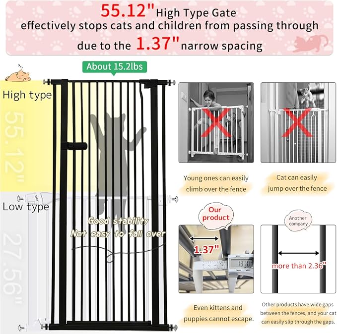 Lumizone Extra Tall Cat Gate 55.12" High Pressure Mounted Extra Wide 2025 New (17 Sizes) 1.37" Gap No Drilling Auto-Close One-Handed Operation Tall Pet Gate for Dogs(Black, 55.12" H x 88.58"-92.71" W)