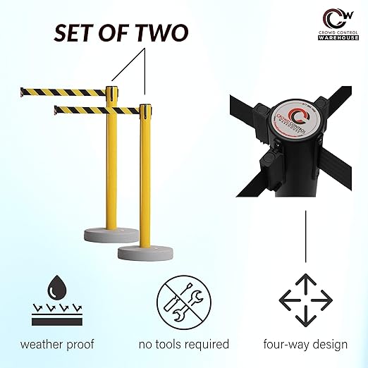 Crowd Control Warehouse - CCW Set of 2 Retractable Belt Barrier Stanchion, Water Fillable Base MSH630-11 Foot Belt, Yellow Horizontal Reflective Stripe with Black PVC Plastic Post