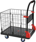 Foldable Hand Truck, 330LBS Dolly Folding Push Cart with Removable Cage, 4-Inch TPR Wheels Convertible Cart Dolly for Moving, Heavy Duty Folding Platform Truck with Mesh Panel