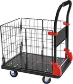 Foldable Hand Truck, 330LBS Dolly Folding Push Cart with Removable Cage, 4-Inch TPR Wheels Convertible Cart Dolly for Moving, Heavy Duty Folding Platform Truck with Mesh Panel