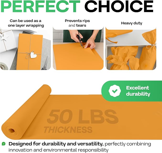 Orange Kraft Paper Roll 12" x 1200" (100 feet) with Cutter - USA-Made Wrapping Paper for Packing, Moving, Shipping & Crafts/Arts - 100% Recyclable Natural Craft Material by IDL Packaging