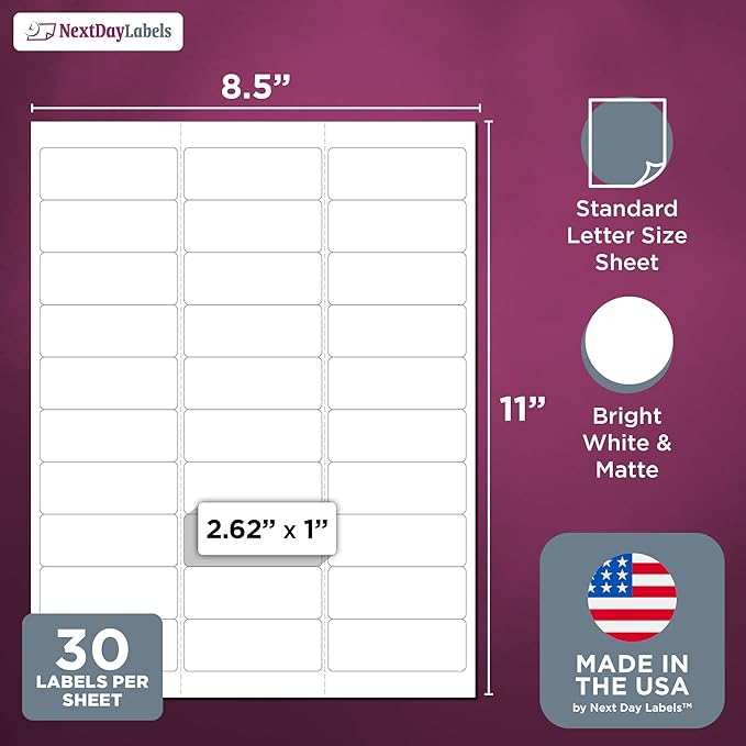 NextDayLabels - 2.5/8" x 1" Rectangular Sticker Labels for Printer - White Laser/Inkjet Printer Labels Return Address Labels Shipping Label Stickers (25 Sheets, 30 Per Sheet, 750 Labels)