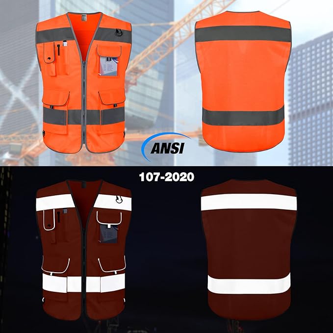 TCCFCCT Orange Safety Vest for Men Women 9 Pockets High Visibility Reflective Vest for Safety, Work Vest with Reflective Strips, Meets ANSI/ISEA Standards, Large