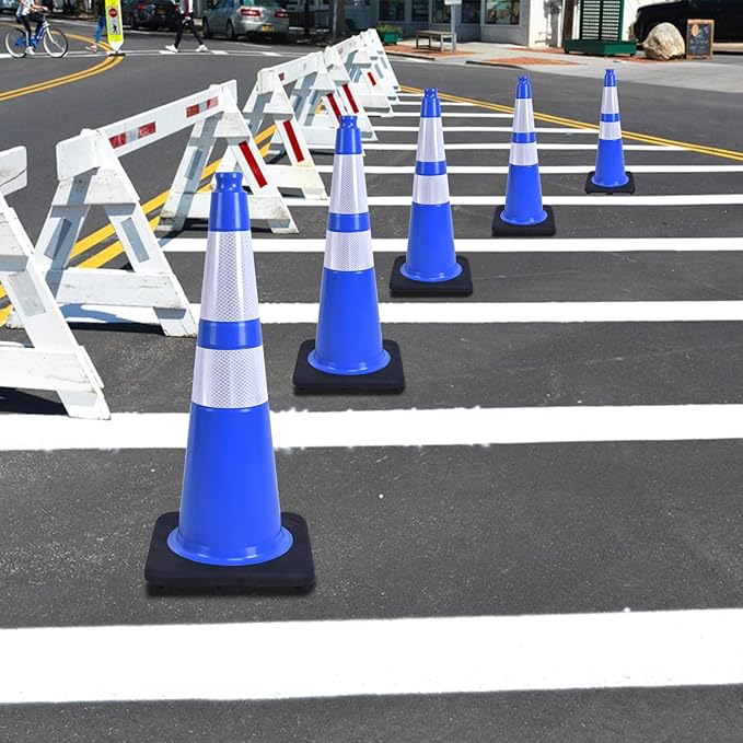 8 Pack 28 Inch Blue PVC Safety Cones Weighted Black Base, Perfect for Sports Field Dividers, Warehouse Use, Parking Management, Road Safety (8, Blue, 28 Inch)