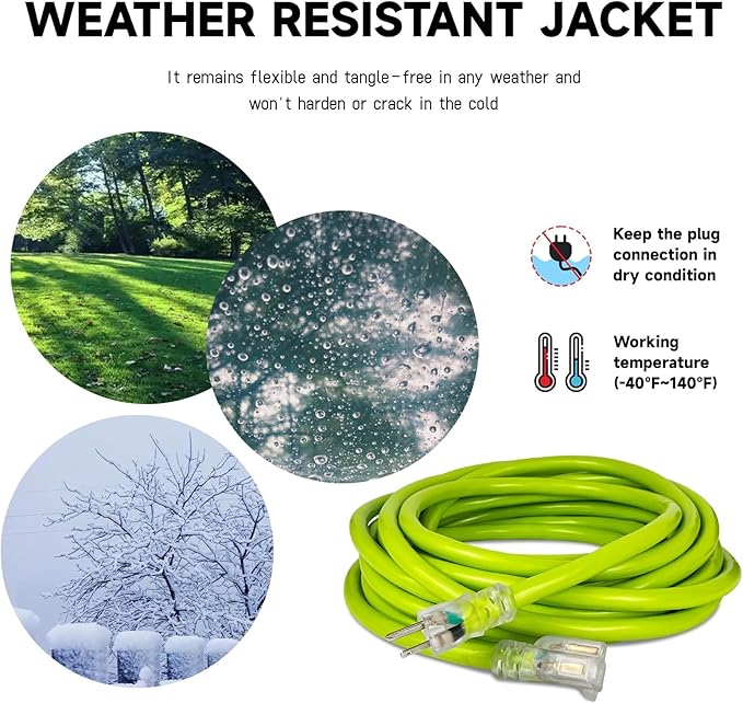 EP 15 Ft Lighted Outdoor Extension Cord - 10/3 SJTW Heavy Duty Green Extension Cable with 3 Prong Grounded Plug for Safety, UL Listed