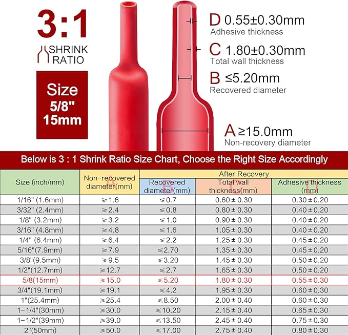 Chanzon 3:1 Ratio - 80ft Roll - Heat Shrink Tubing 5/8" (15mm) - Marine Grade Waterproof Adhesive Lined - (25M Total Length) Red Polyolefin Sleeving Wrap Shrinking 3 to 1 Ratio 1pcs
