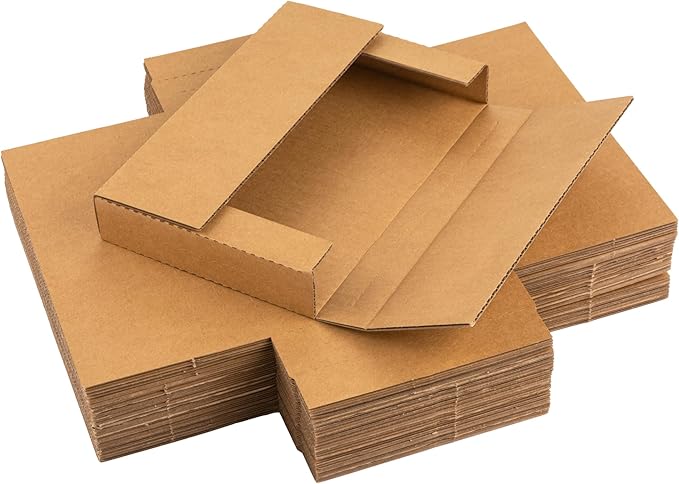 50 Pack 9x6x1.3 inch Shipping Boxes, Easy-Fold Multi-Depth DVD Mailer Box with Fragile Stickers for Mailing, Storing, Package, Gifts, Crafts, Business or Home, Brown