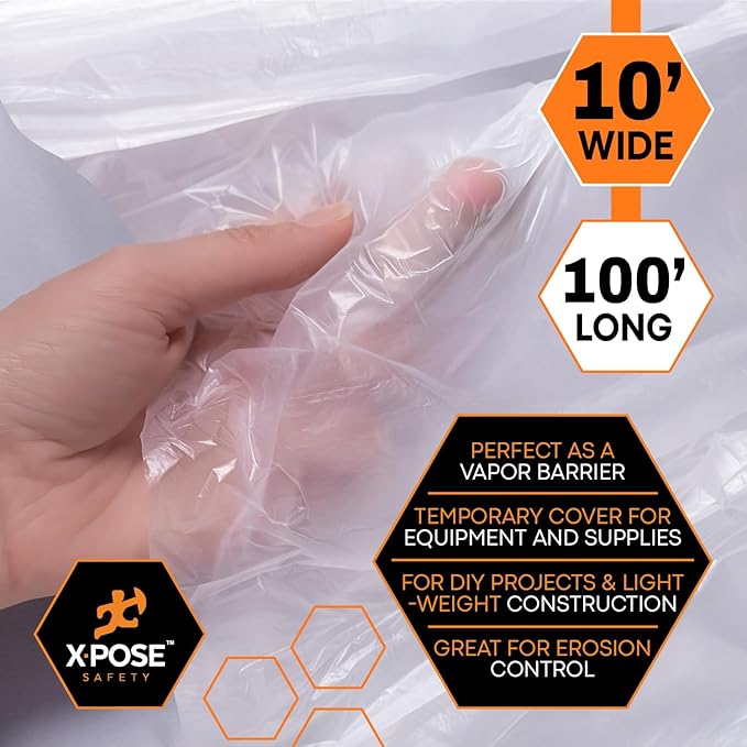 Xpose Safety Clear Plastic Sheeting 10 Pack – 10' x 100' Rolls – Heavy Duty 6 Mil Poly Sheet – Waterproof, Dustproof, Vapor Barrier – for Construction, Painting, Industrial Use