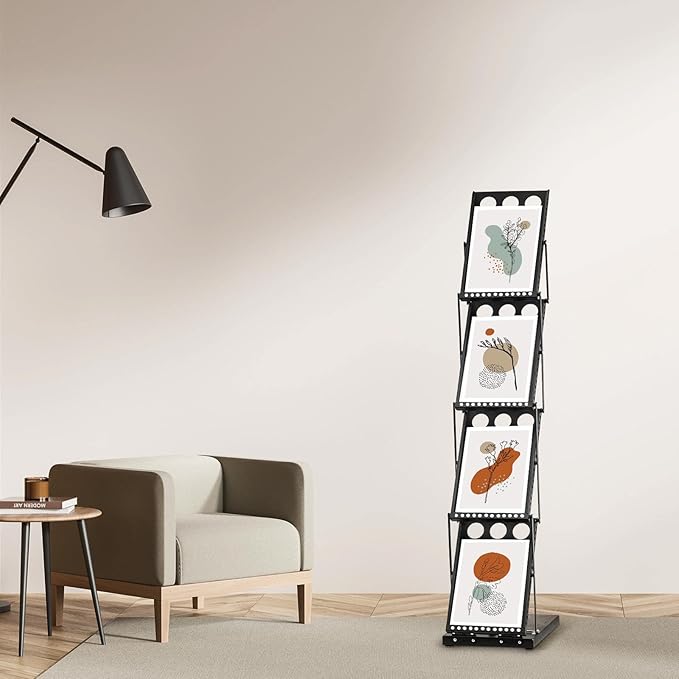 Tatuo 1 Piece Foldable Magazine Rack Metal Catalog Literature Rack Portable 4 Pockets with Carrying Bag Brochure Stand Literature Display Holder Stand for Exhibition Trade Show