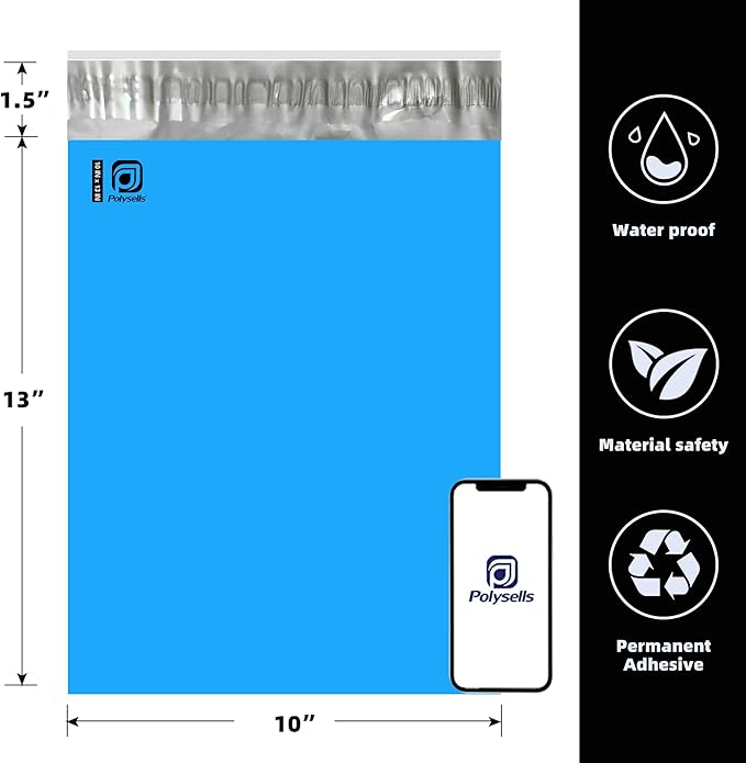 POLYSELLS 500 pcs 10x13 Inches Blue Poly Mailers Shipping Envelopes, Strong Adhesive Sealing, Waterproof, and Tear-resistant Postal Mailing Bags for Clothing, Books, and Accessories