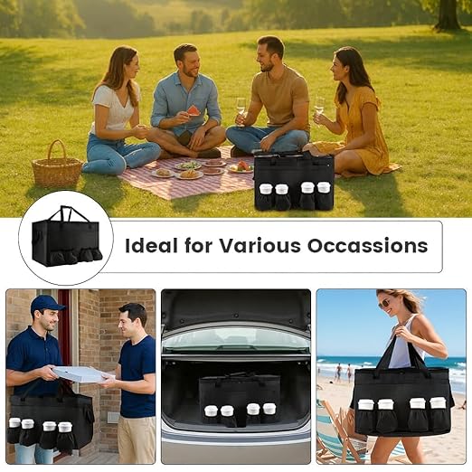 Insulated Food Delivery Bag with 4 Cup Holders, XXX-Large Grocery Bags Keep Food Hot/Cold, Catering Cooler Bags with Drink Carrier, Commercial Food Warmer for Transport & Shopping, Black