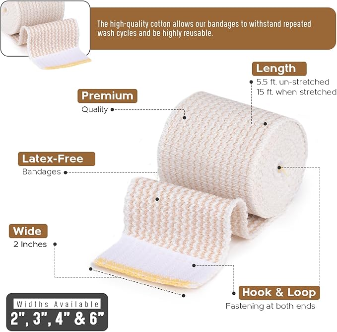 Premium Elastic Bandage Wrap (2” Wide, 6 Pack) - Nexskin Latex Free Athletic/Medical Compression Bandages Hook & Loop Fasteners at Both Ends - Lifetime Washable & Reusable Bandages
