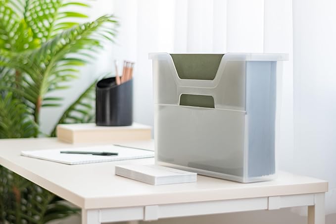IRIS USA Small Portable Desktop File Box with Open Top, Side Handles, Hanging File Folders, Tabs & Inserts, Letter Size, For Magazines Newspapers Mail Books Notebooks Binder Homework, Clear