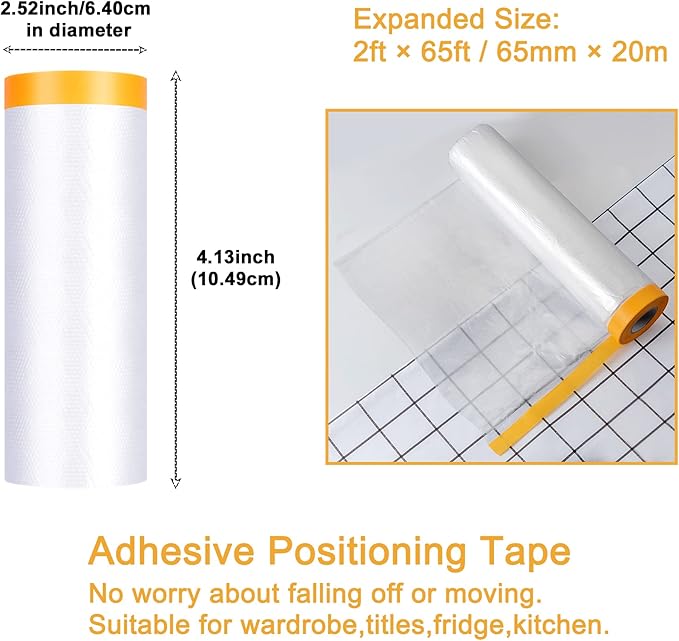 Muf 2 x 65 Feet Plastic Drop Cloth Plastic Sheeting with Masking Tape,Waterproof Protective Masking Film,Prevent Dust Paint for Car,Furniture,Carpet,Floor,1 Pack