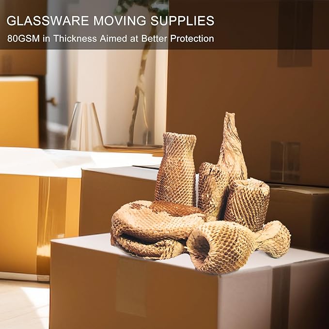 Dish Packing Kit Glassware Moving Supplies for Friagle Items 15"x500' Honeycomb Packing Paper Roll Recyclable Moving Paper with Fragile Stickers Alternative to Bubble Cushioning Wrap for Shipping