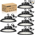 UFO LED High Bay Light 200W 6 Pack, High Bay LED Shop Light 30,000LM 0-10V Dimmable, 5' Cable with US Plug, Hanging Hook, Safe Rope, ETL Listed High Bay for Warehouse Factory Barn Shop