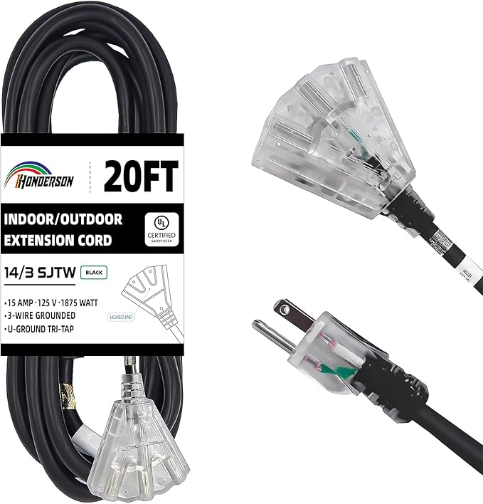 3-Outlets Indoor Outdoor Extension Cord Weatherproof with Lighted End, UL Listed, 14 Gauge 20FT Black 3 Prong Heavy Duty, 14/3 SJTW 15A Power Cord