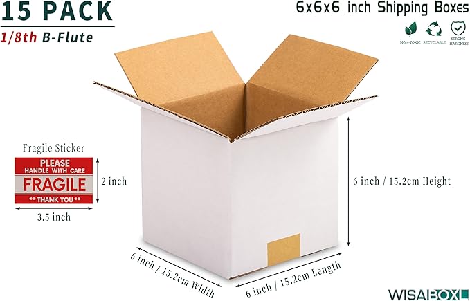 6x6x6 inch White Shipping Boxes, Corrugated Cardboard Small Boxes with Fragile Stickers for Business Mailing, Packing, Moving, Storage, 15 Pack
