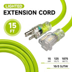 EP 15 Ft Lighted Outdoor Extension Cord - 10/3 SJTW Heavy Duty Green Extension Cable with 3 Prong Grounded Plug for Safety, UL Listed