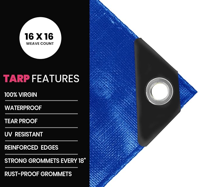 PROTARP Extreme Heavy Duty 22 Mil Tarp Cover, Waterproof, UV Resistant, Rip and Tear Proof, Poly Tarpaulin with Reinforced Edges for Roof, Camping, Patio, Pool, Boat. (Blue 24′ X 36′)